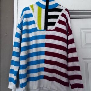 Striped Half-and-Half Turtleneck Sweater - White, Blue & Burgundy